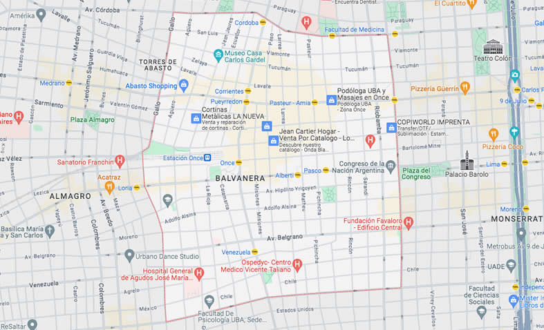 Mapa del barrio de Balvanera con calles y avenidas en la Ciudad de Buenos Aires, Argentina.