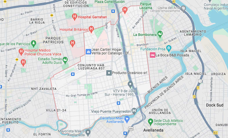Mapa del barrio barracas con calles y avenidas en la Ciudad de Buenos Aires, Argentina.