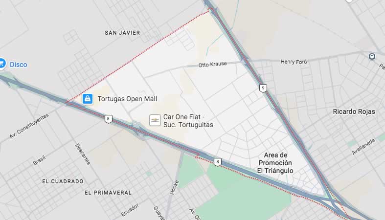 Mapa de calles de Área de Promoción El Triángulo - partido Malvinas Argentinas