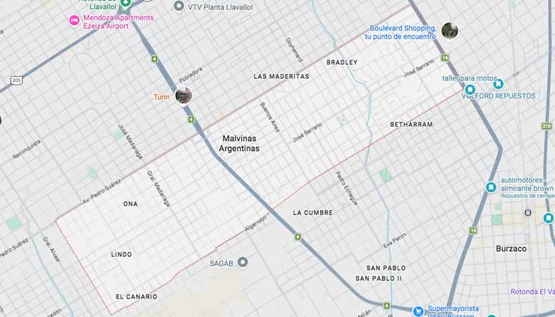 Mapa de calles de la localidad de Malvinas Argentinas, Almirante Brown