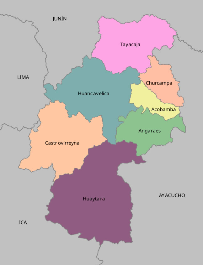 Mapa con la división administrativa y límites del departamento de Huancavelica