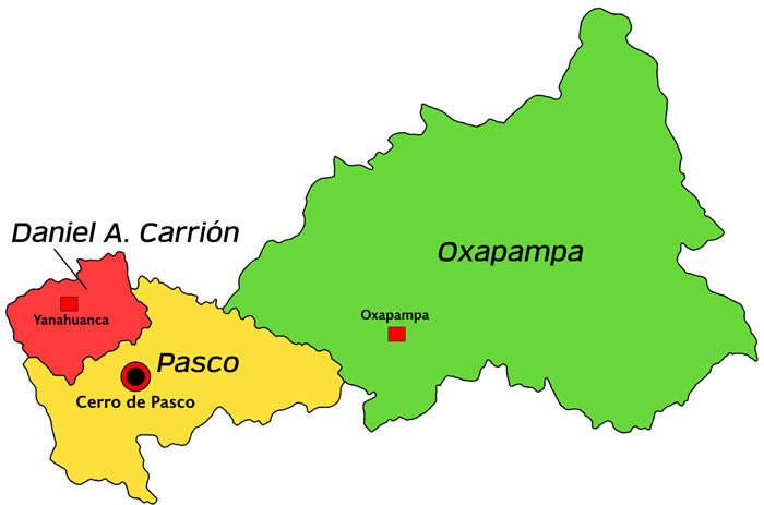 Mapa con la división administrativa territorial del Departamento de Pasco