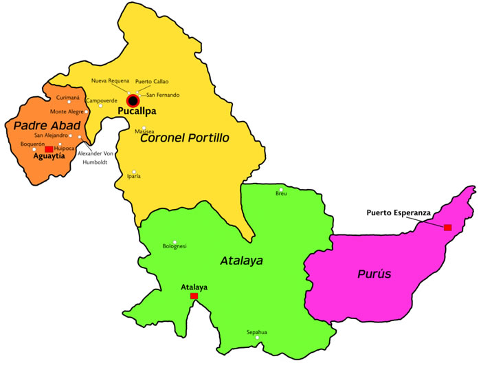 Mapa con la división administrativa territorial del Departamento de Ucayali