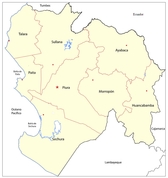 Mapa con la división administrativa territorial del Departamento de Piura