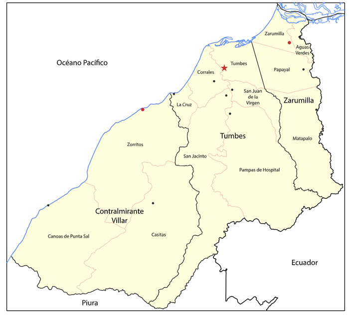 Mapa con la división administrativa territorial del Departamento de Tumbes