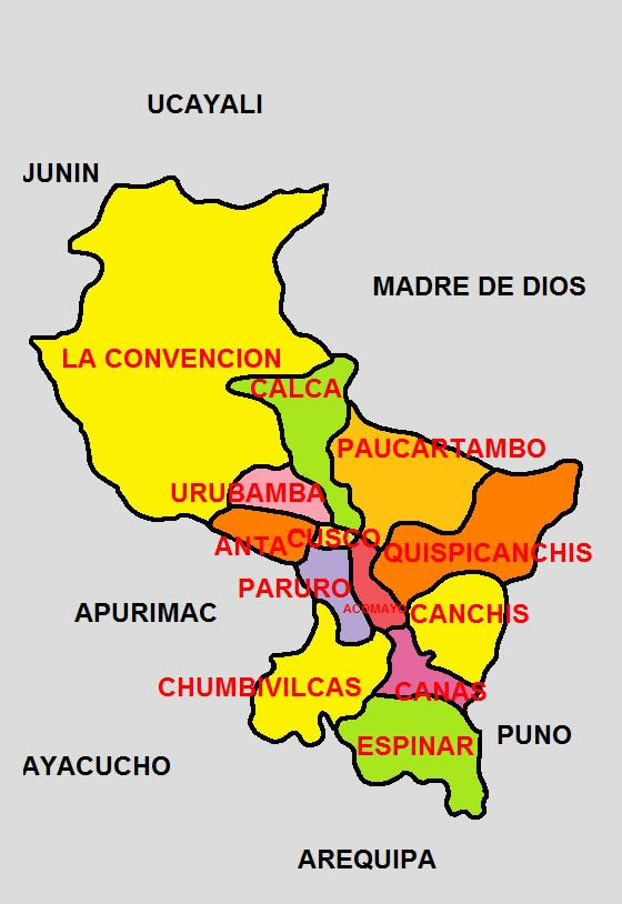 Mapa con la división política del Departamento del Cuzco