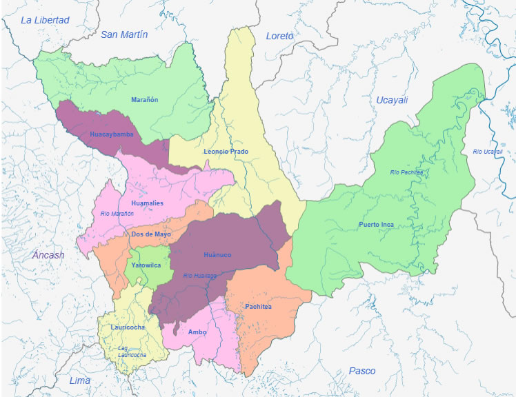 Mapa con división política del Departamento de Huánuco