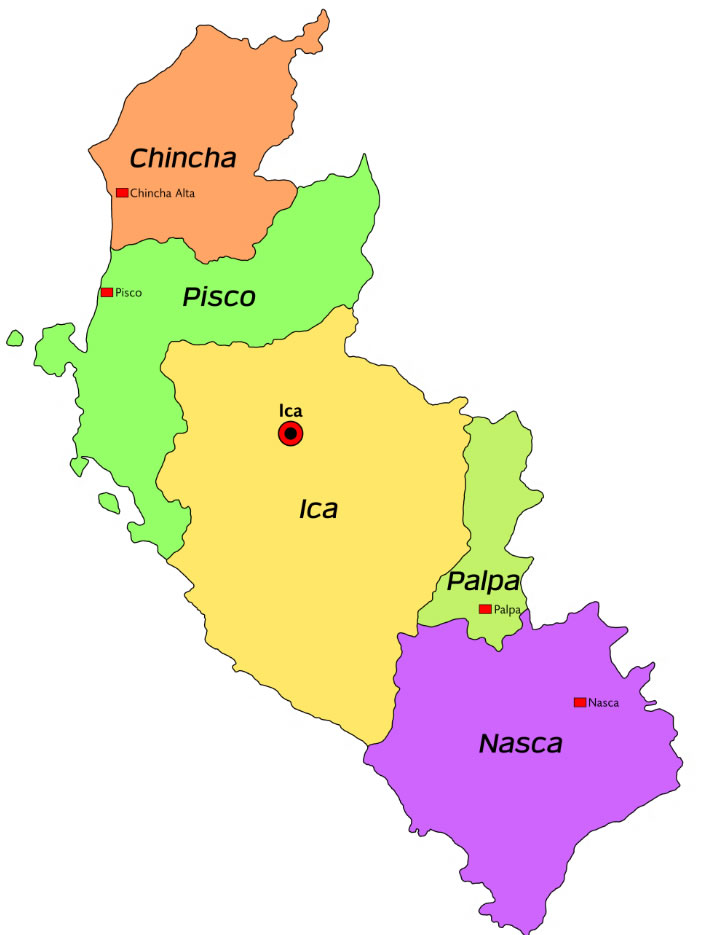 Mapa con la división territorial del Departamento de Ica