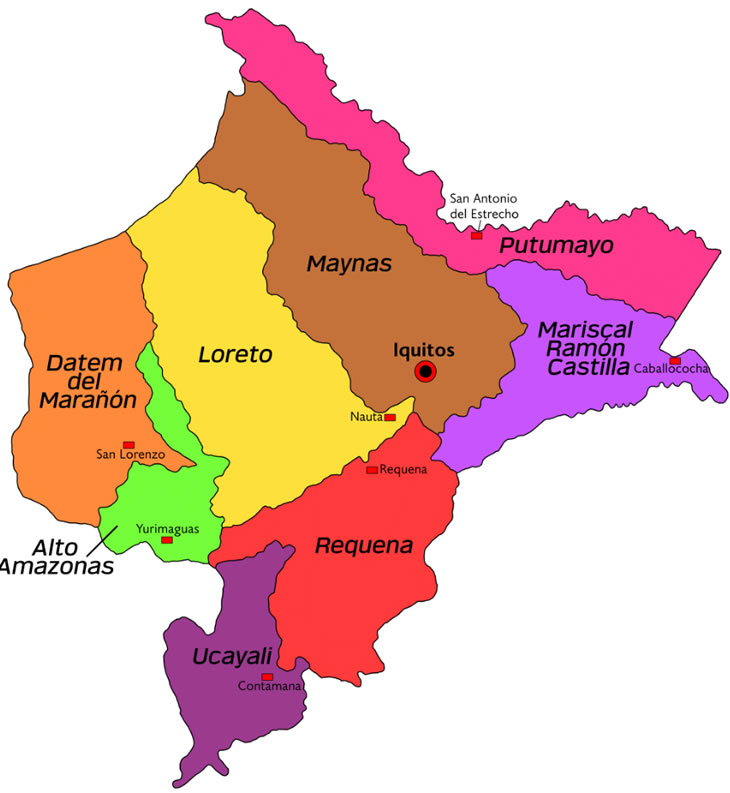 Mapa con división territorial del Departamento de Loreto