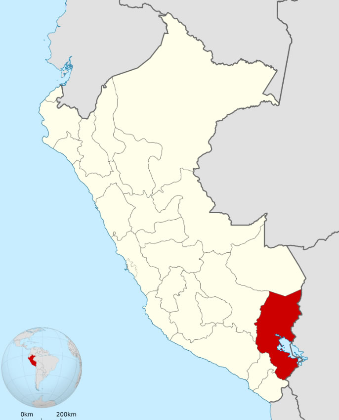 Mapa con la ubicación del Departamento de Puno en el país Perú